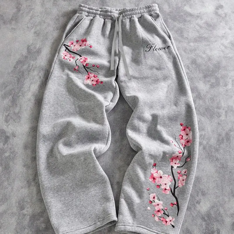 Unisex Multicolor Casual Fashion Loose Wide Leg Sweatpants with Cherry Blossom Print Japanese Streetwear Pants