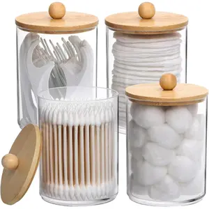 4 Pack 10-Ounce Qtip Holder, Clear Plastic Apothecary Jars with Bamboo Lids, Bathroom Organizer Storage Containers for Cotton Ball, Cotton Swab, Floss