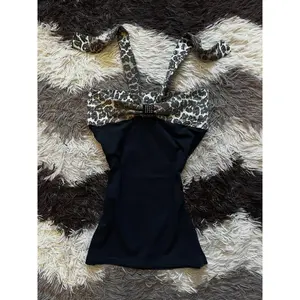 Aesthetic Vintage Patchwork Hot Girl Skinny Sleeveless Slash Neck Camisole Design Y2k Gothic Leopard Print Sexy Sling Women New