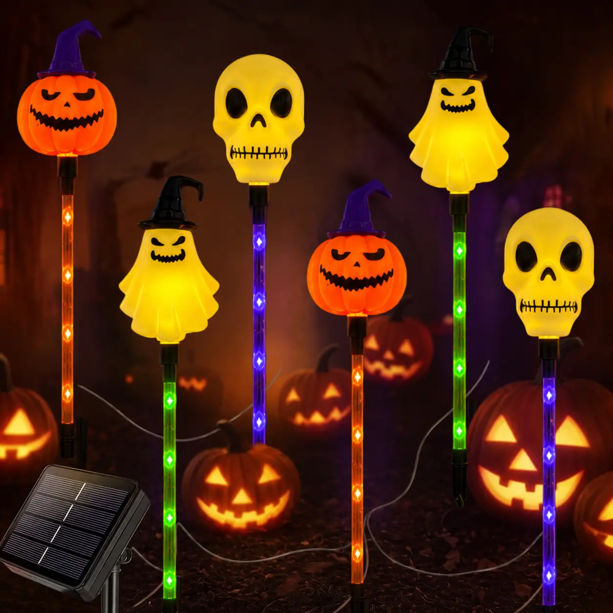 6-Pack Halloween Solar Pathway Lights, Outdoor Skull Ghost Pumpkin Garden Stake Lights with 8 Lighting Modes, IP44 Waterproof Home Improvement Decor for Lawn, Walkway