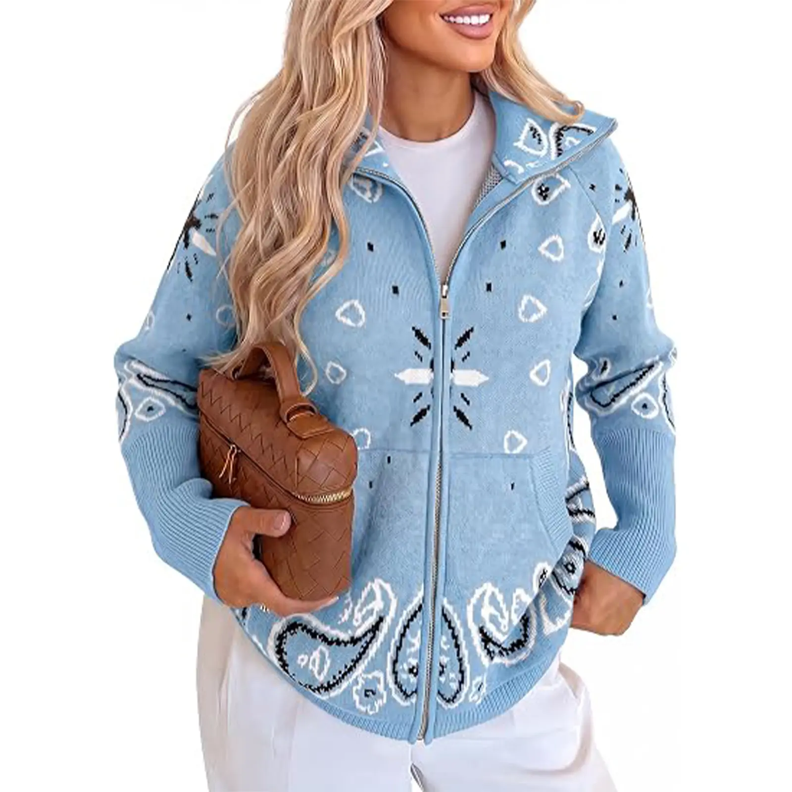 Cicy Bell Women Zip Up Cardigan Sweater Stand Collar Knit Printed Sweater