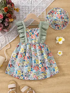 Girls' Summer Floral Print Dress with Fly Sleeves, Colorful Small Flower Pattern, Fresh Sweet Style, Perfect Match with Sun Hat