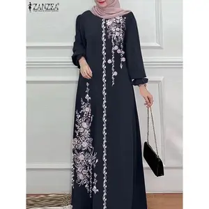 Women Stylish Floral Printed Maxi Dress Muslim  Robe Elegant Long Sleeve Casual Vestidos