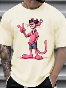 Pink Leopard trendy T-shirt with classic cartoon image + sunglasses and gold chain design, casual style for both men and women, summer couple's outfit One-piece package