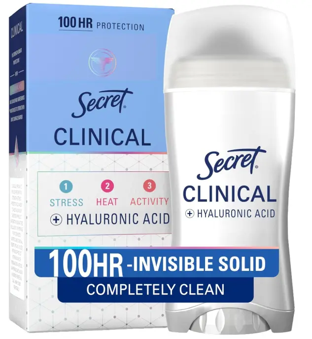 Secret Clinical Strength Invisible Solid Antiperspirant Deodorant for Women, 100HR Sweat & Odor Protection, 3X Stress Protection with Hyaluronic Acid, PH Balanced, Completely Clean Scent, 2.6 oz