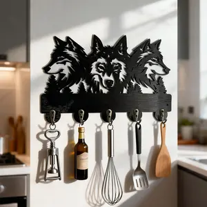 Wooden Wall Mount Key Holder Rack, Wall Mounted Hook, Wolf Design Motif Clothes Hanger, Entryway Letter and Key Storage, Kitchen Organizer, Home Decor Gift Decoration