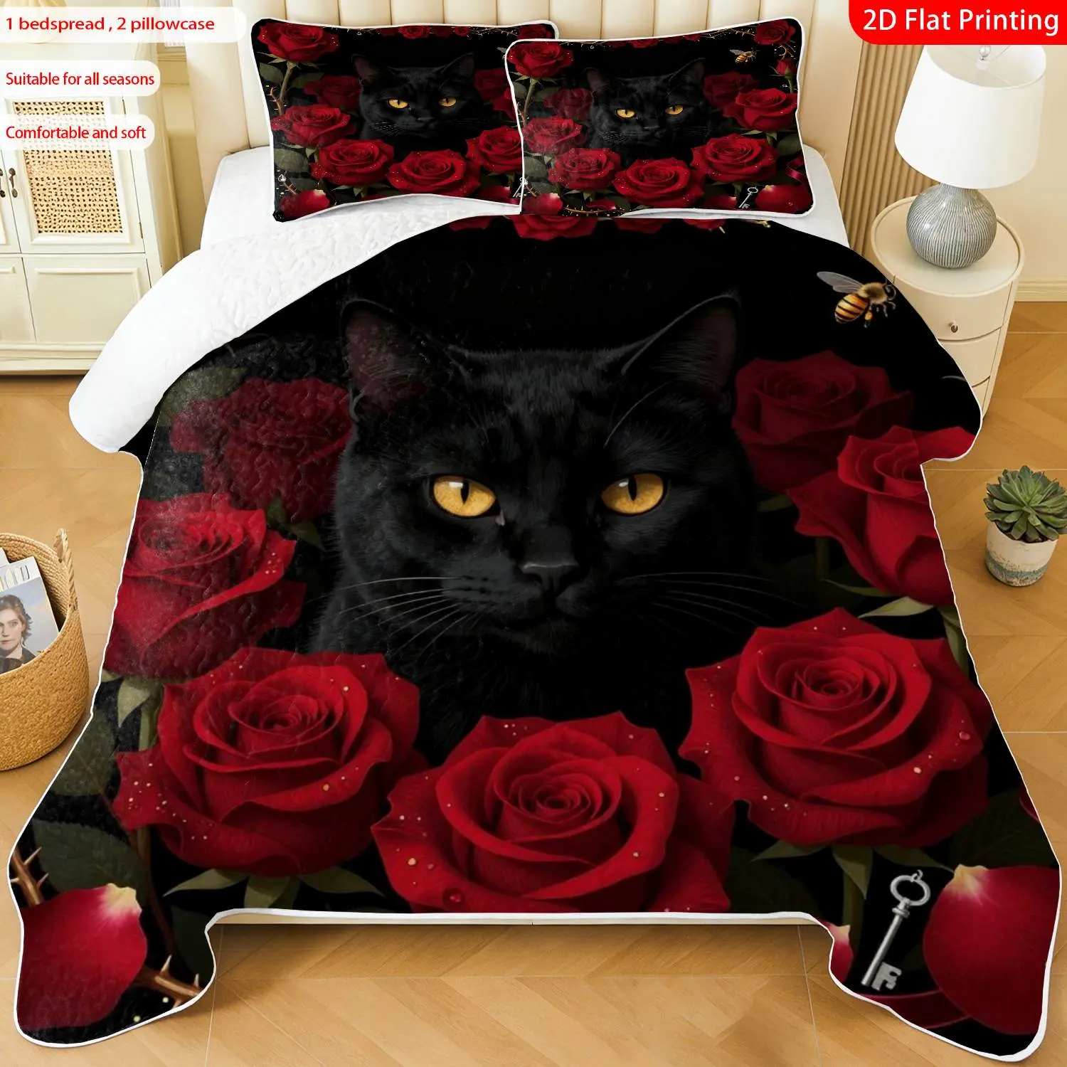 3 pcs, 2D Flat Print Black Cat & Red Roses Gothic Style Bedspread Set, Soft and Comfortable, Multiple Sizes Available, Suitable for Gifting and Daily Use, Ideal for Creating a Cozy Home Atmosphere(1 bedspread , 2 pillowcases)