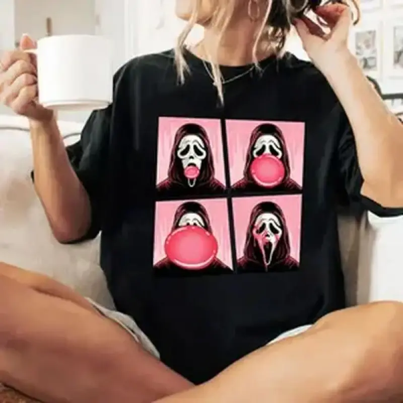 Men's Ghostface Bubble Pink Gum Halloween Scream Movie Cotton T-Shirt, Comfortable Shortsleeve Crewneck Top, Embroidered Hoodie Alternative for Winter & Summer Casual Wear
