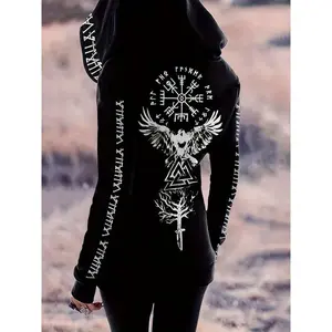 Viking Pattern Vintage Gothic Style Hoodie, Casual Zipper Long Sleeve Drawstring Hoodies Sweatshirt, Women's Clothing Fabric Fit sweatshirts Womenswear Tops