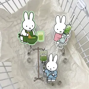 Cute Miffy Love Matcha Badge Reel - Matcha Whisking, Safe Dose Syringe & IV Drip Bunny Retractable ID Holder - Kawaii Acrylic Nurse Name Tag Clip