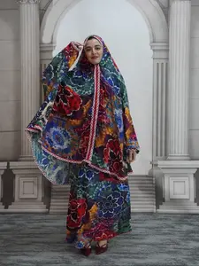 Two-piece Set Women's Floral Print Contrast Lace Batwing Sleeve Hooded Abaya & Skirt Set, Modest Casual  Maxi Muslim Skirt Set for Daily Wear, Ladies Islamic Clothing for All Seasons, Abaya Hijab Set