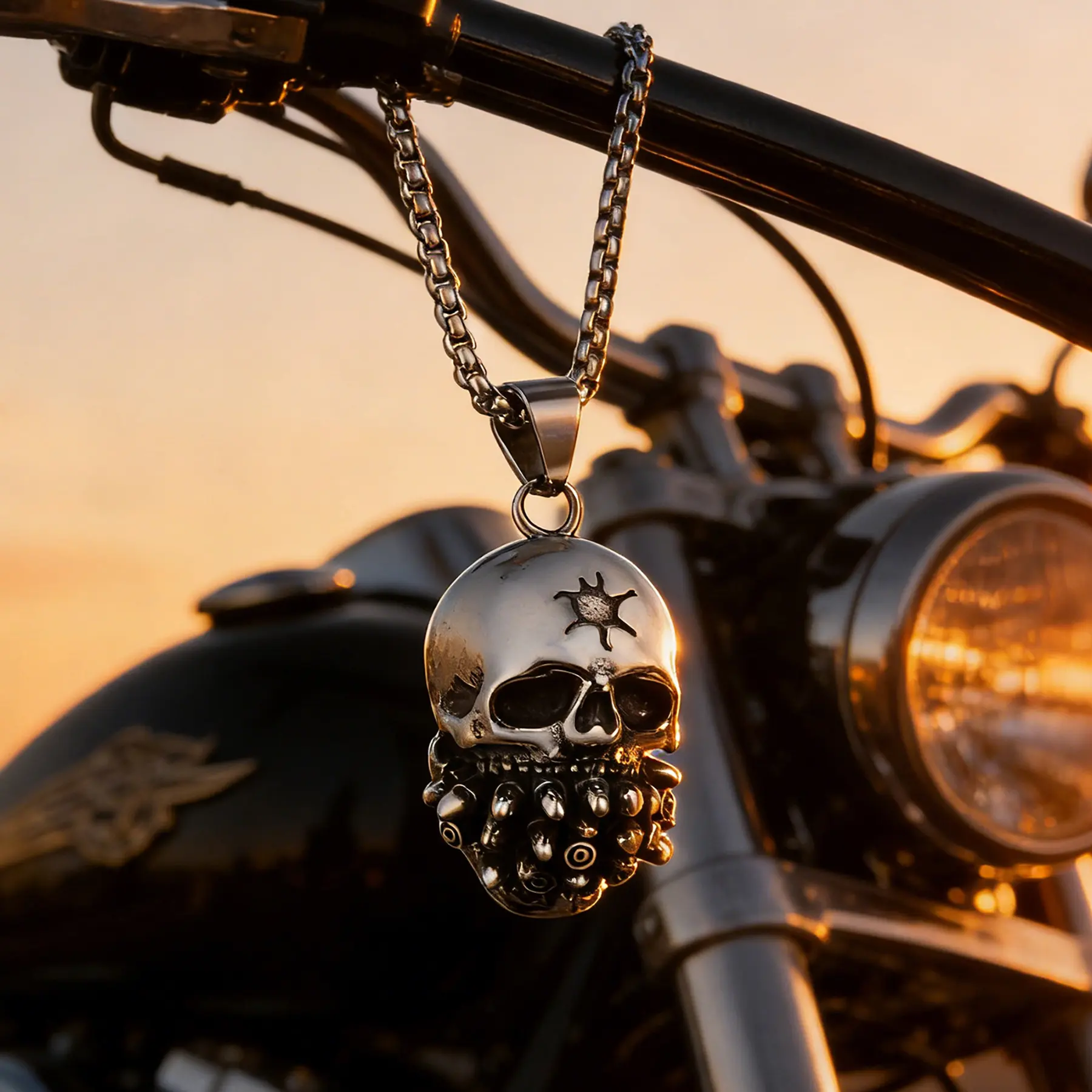 ELFASIO Skull Necklace for Men, Stainless Steel Silver Color Skeleton Pendant Necklaces, Retro Hip Hop Punk Style, Gothic Halloween Jewelry
