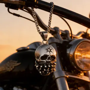 ELFASIO Skull Necklace for Men, Stainless Steel Silver Color Skeleton Pendant Necklaces, Retro Hip Hop Punk Style, Gothic Halloween Jewelry