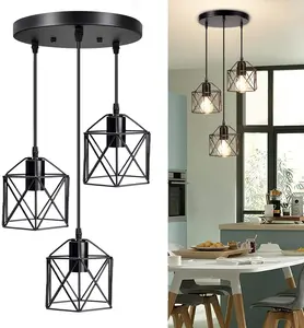 Vintage Pendant Light Fixtures (No Bulb Included) E26 Base Adjustable Hanging Pendant Lights Fixture with 3 Light Cage Shade, Flush Mount Ceiling Swag Lighting