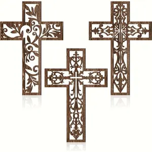 3-Piece Wooden Cross Wall Decor Set, Intricate Carved Design for Home Bedroom Religious Themes Halloween Christmas Thanksgiving Ornaments, Wooden Cross Decorations