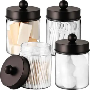 New Upgrade Farmhouse Decor Qtip Holder Dispenser for Cotton Swabs,Balls, Cotton Pads, Floss - Clear Plastic Apothecary Jar for Bathroom Canister Storage, Vanity Countertop Makeup Organizer-Bronze (4)
