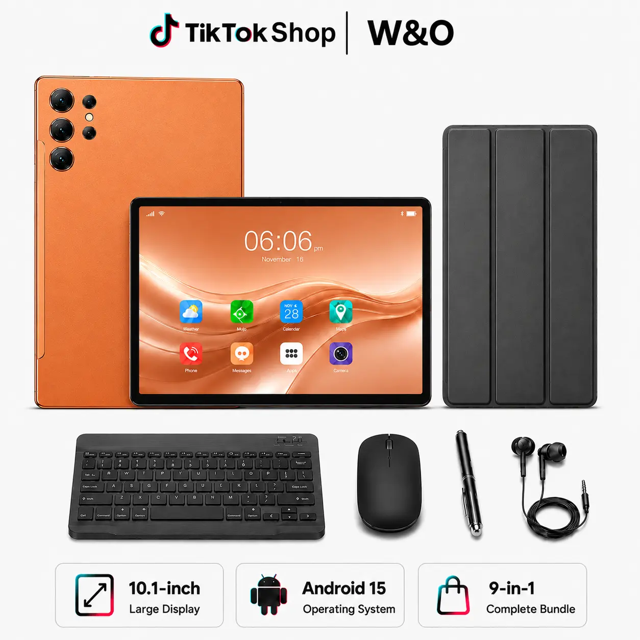 W&O X9 Android 15 Tablet, 10.1 Inch IPS Display, 8GB RAM 256GB ROM, 8000mAh Battery, Dual-Band WiFi, SIM + microSD Support, 9-in-1 Tablet Bundle with Keyboard, Mouse, Stylus & Case Bluetooth Birthday Camera Christmas Streaming Screen