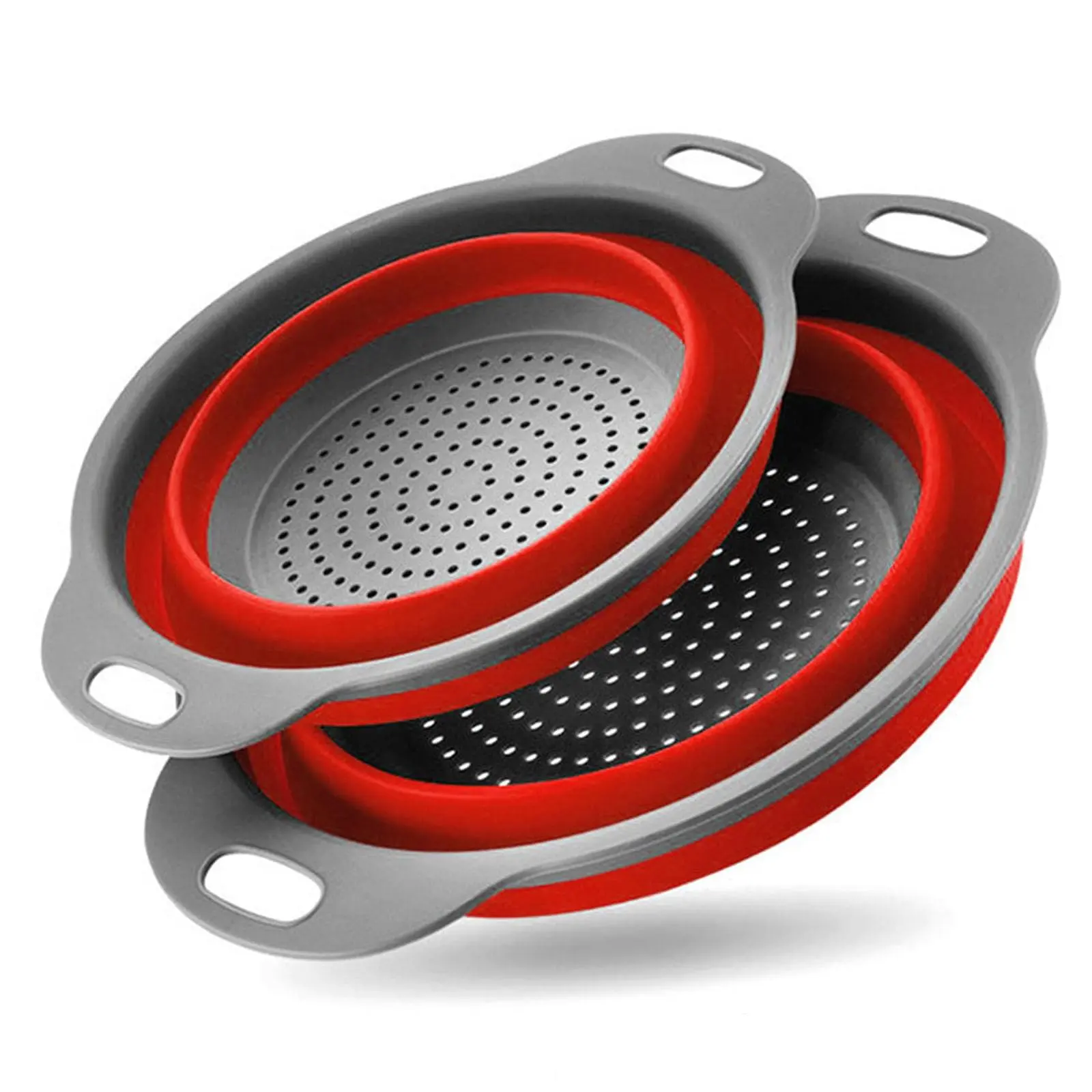 2 Pack Collapsible Silicone Colander with Handle, Over Sink Foldable Food Strainer, BPA-Free Space Saving Drain Basket for Vegetables, Fruits, Pasta, Kitchen & Camping (Red)
