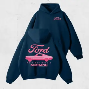 Pink Mustang Ford Hoodie - American Muscle Car Graphic Hoodie for Car Lovers, Vintage 90s Style Summer Outfit