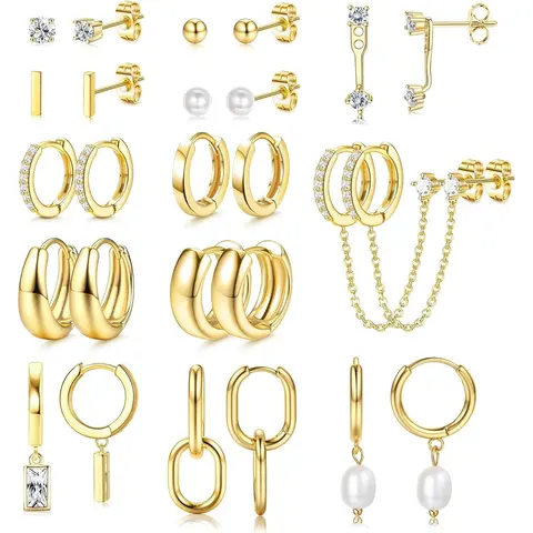 Dazzle with this 13 Pair Set of Trendy Gold Hoop Earrings for Women -14K Gold Plated, Hypoallergenic and Perfect Gift for Girls