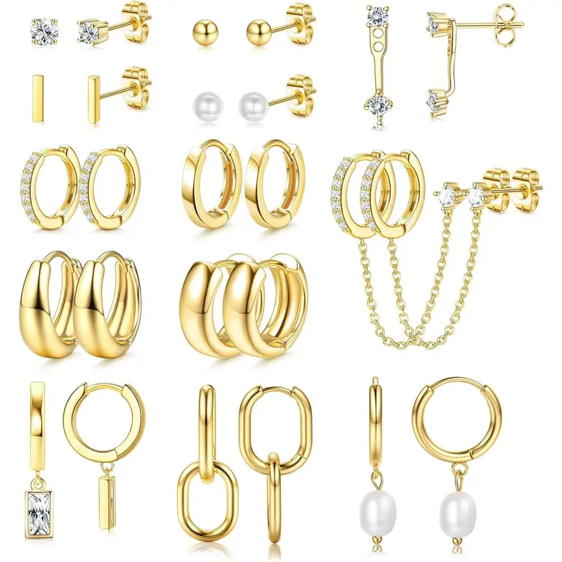 Dazzle with this 13 Pair Set of Trendy Gold Hoop Earrings for Women -14K Gold Plated, Hypoallergenic and Perfect Gift for Girls
