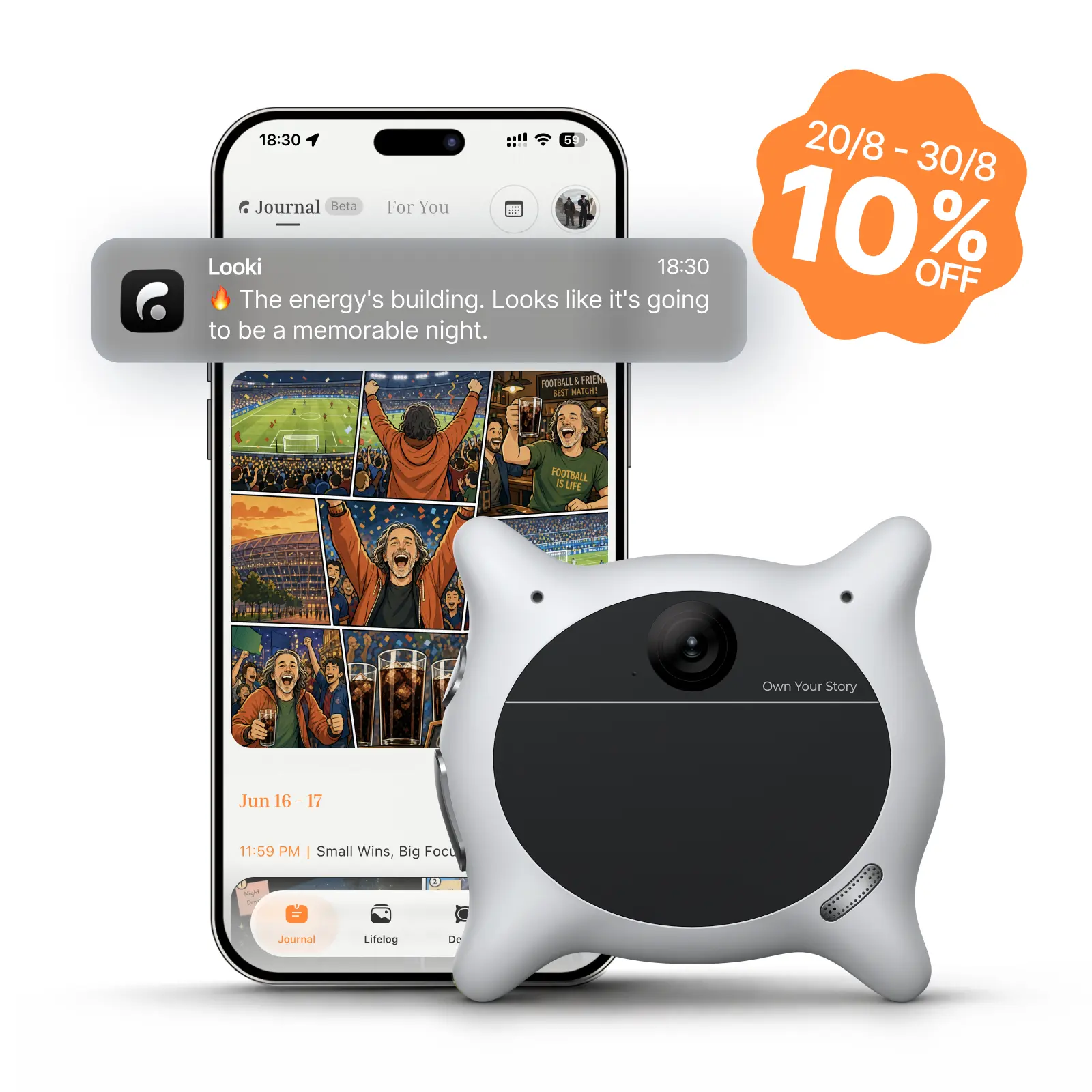 Looki L1 AI Multimodal Wearable for Life, 32g Lightweight Hands-Free Action Lifelogging Device with 1080P Video, 3 Mics, AI Vlogs & Comics, Proactive Intelligence, 32GB Privacy-First Storage （White）