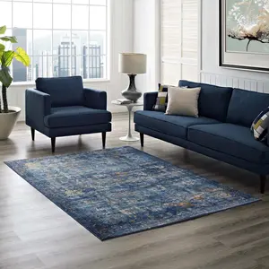 Modway Minu Distressed Floral Lattice 4x6 Area Rug in Dark Blue, Yellow and Orange