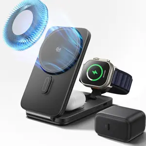3 in 1 Charging Station for Apple, 25W MagSafe Charger with CryoBoost, Phone-Cooling Wireless Charging Station Foldable, for iPhone 17/16 with iOS 26(50W Adapter), AirPods, Apple Watch,Black