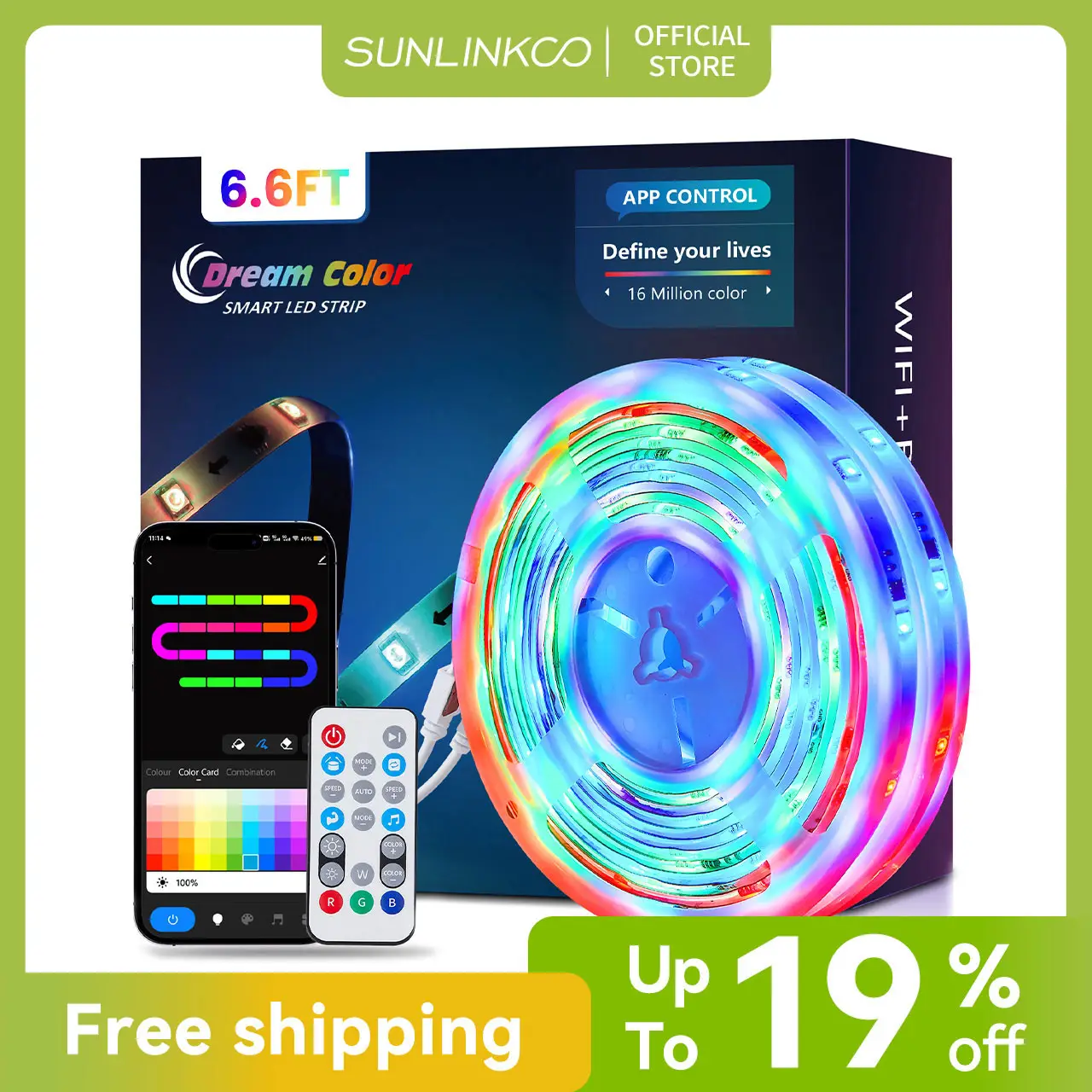 SUNLINKCO RGBIC LED Strip Lights, Smart Bluetooth LED Light for Bedroom, Color Changing LED Strips with 44 Scene Modes, Segmented Control, for Room, P