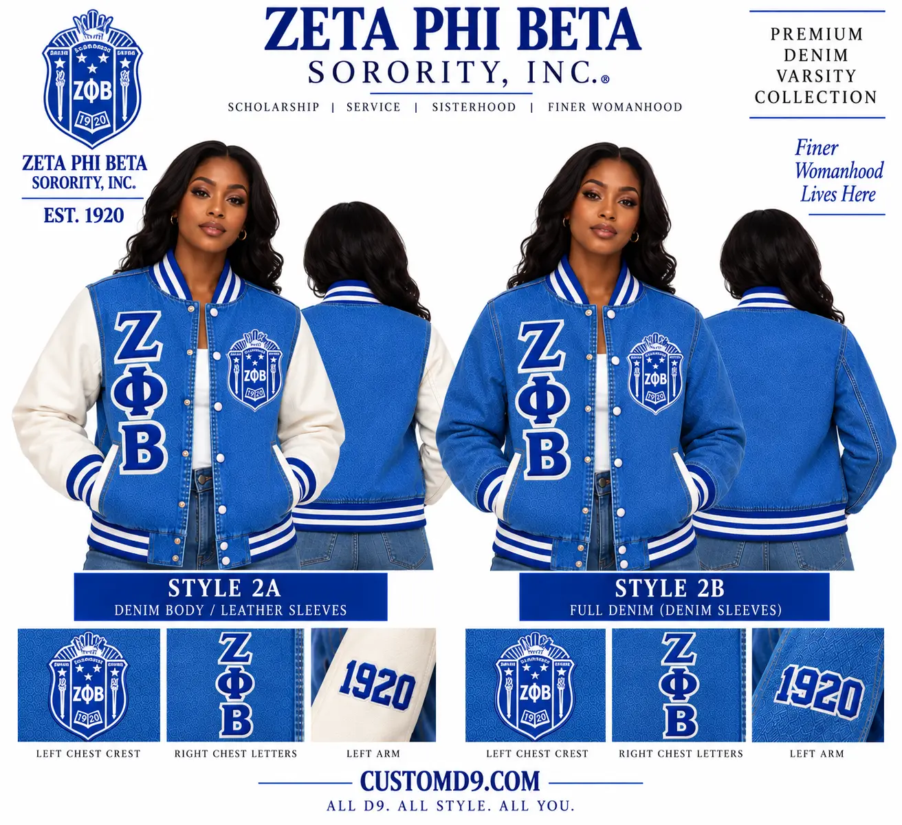 Zeta Phi Beta Custom Embroidered Denim Varsity Jacket Leather Sleeves – Personalized