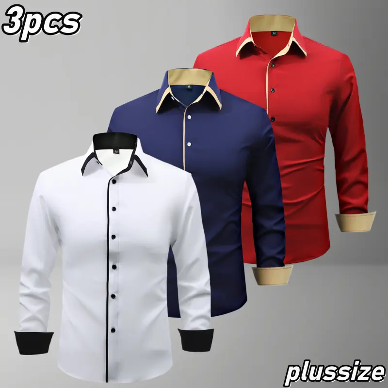 Men's 3-Pack Business Casual Color-Block Long Sleeve Dress Shirts - Plus Size Menswear Tops, Casual Longsleeves Collared, Polyester, Chic, Comfortable, Breathable for Commuting & Everyday Wear