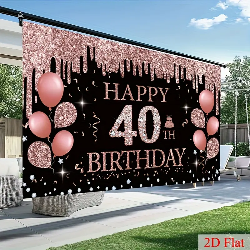 40th Birthday Party Decoration Standing Banner - Premium 100% Polyester Glitter Pink & Black Backdrop, Soft, Fade-Resistant, with Balloons, Stars, Confetti, "Happy 40th Birthday" Text, Ideal for Indoor/Outdoor Celebrations, Photo Booths, Glitter Print
