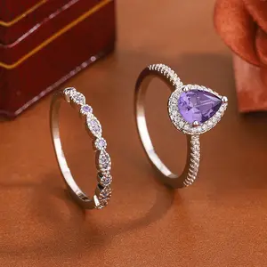 Silver Purple Pear Cut Ring Set for Women, Amethyst Color Halo Engagement Ring with Matching Band, Elegant Bridal Jewelry for Wedding Anniversary Gift