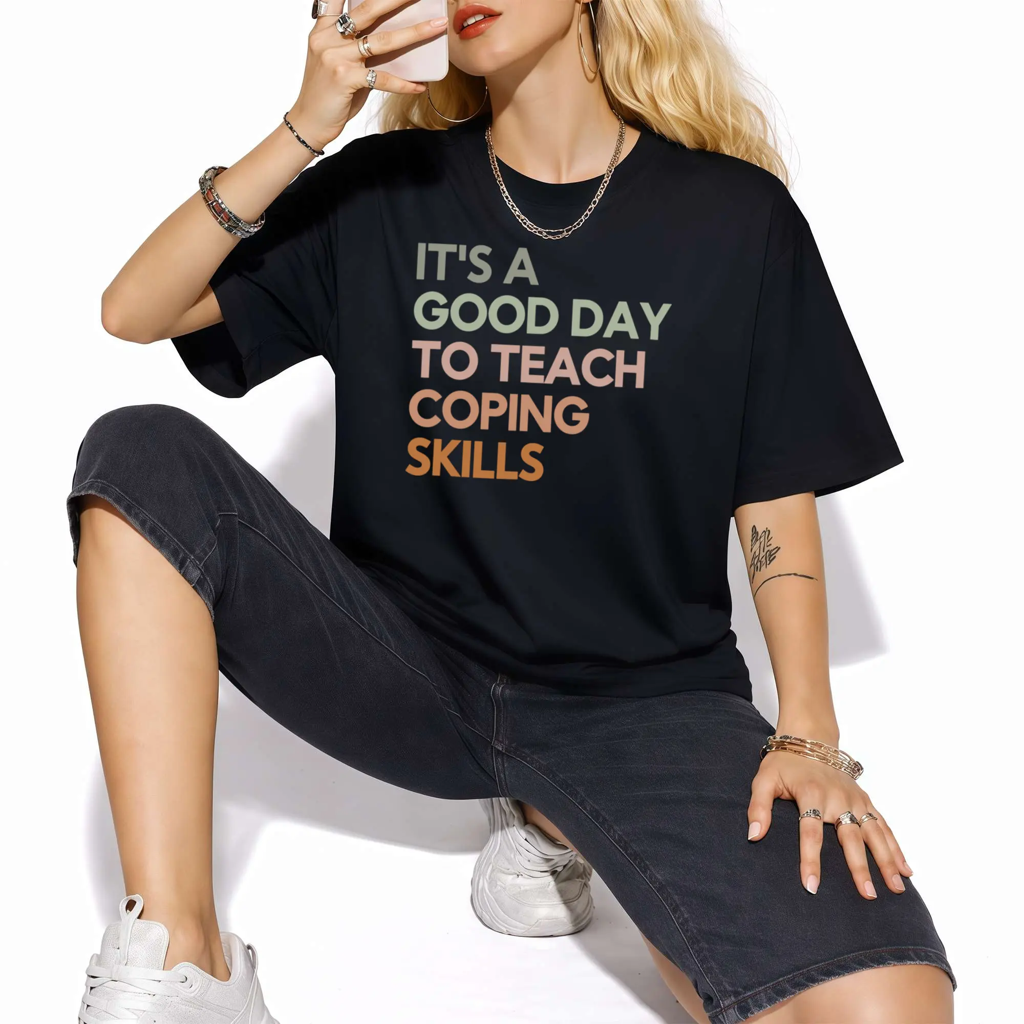 Women's 100% "It's A Good Day to Teach Coping Skills" T-Shirt - Soft Breathable Crew Neck Tee Suitable for Counselors, Mental Health Awareness Gift, Educator Apparel, Therapist Outfits, Casual Attire for & Sessions