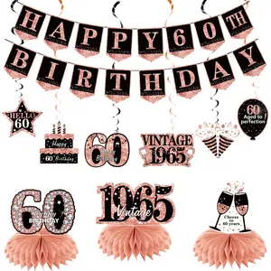 Rose Gold 60th Birthday Banner Decorations, 10Pcs Happy 60th Birthday Vintage 1965 Honeycomb Swirls Kit Party