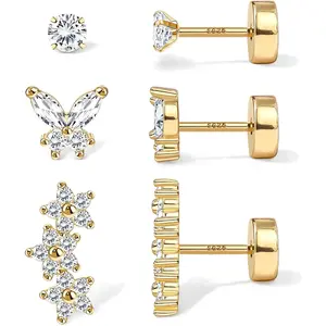 S925 Sterling Silver Flat Back Earrings for Women Hypoallergenic - 14K Gold Plated Flatback Stud Earrings Cartilage Helix Tragus Conch Piercing Jewelry 3 Pairs Dainty CZ Butterfly Studs