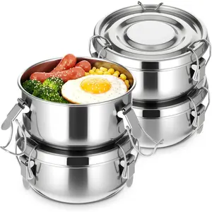 4Pcs 304 Stainless Containers 12 oz Reusable Flat Containers with Lockable Clips Leakproof Stainless Bento Box for Camping Soups Salads