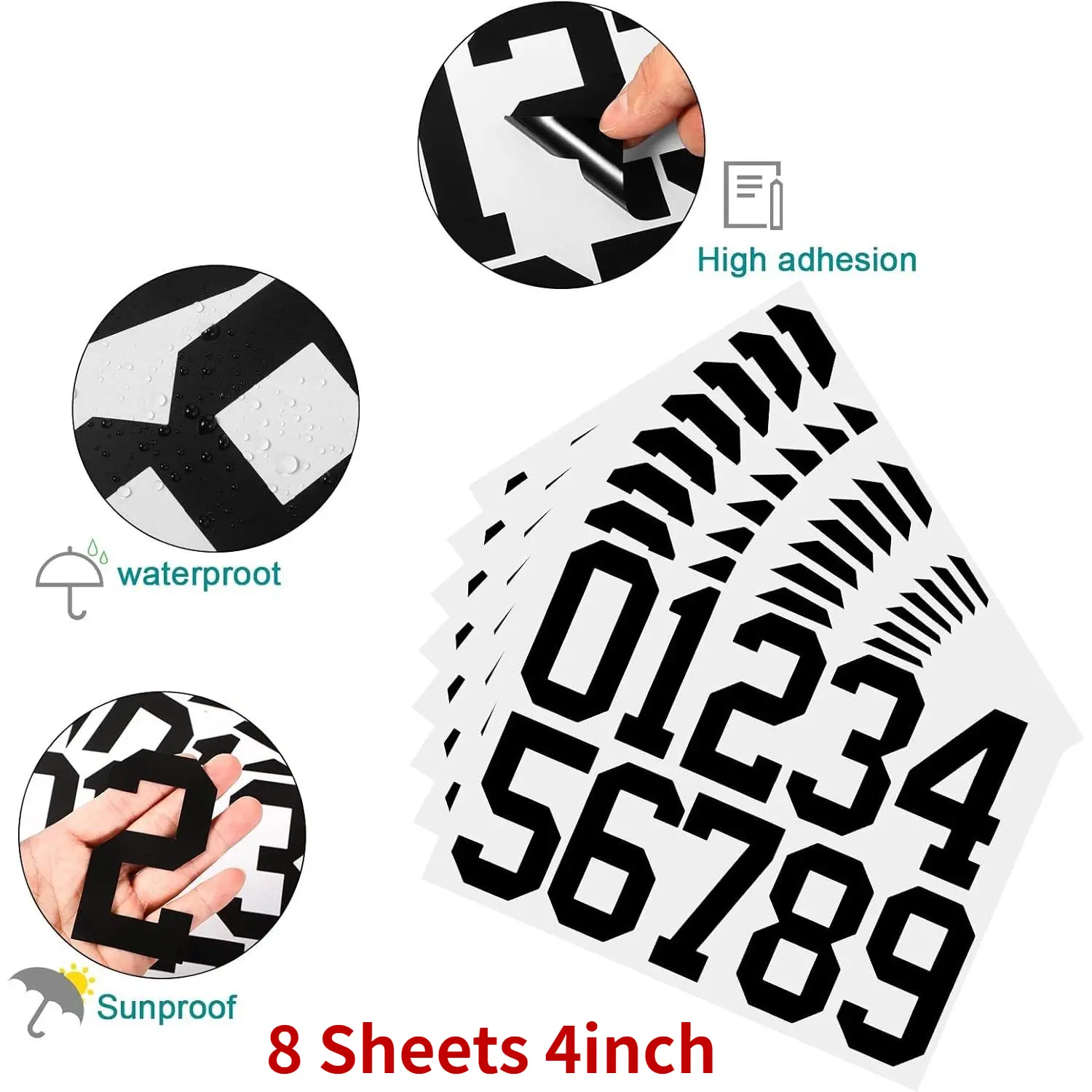 4-in Vinyl Mailbox Numbers Stickers, 8-Pack Self-Adhesive Waterproof High-Contrast Rectangular Address Decals for Mailboxes, Home Users, High Adhesion, Easy Application & Removal, Glossy Finish