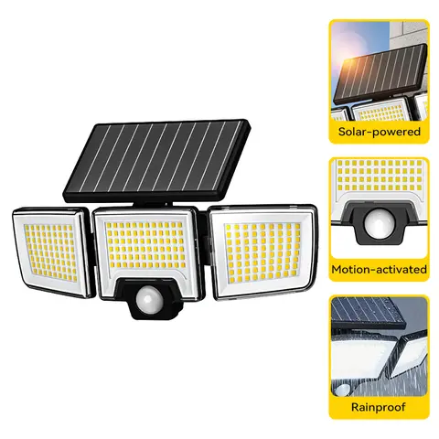 Qawtor Solar Outdoor Floodlight - Eco-Friendly 3-Head 216 LED Automatic Motion Sensor Light with Remote Control, IP65 Water Resistant Wall Mount, for Home Security, Patio Lighting, Outdoor Landscape Lights, Backyard Use