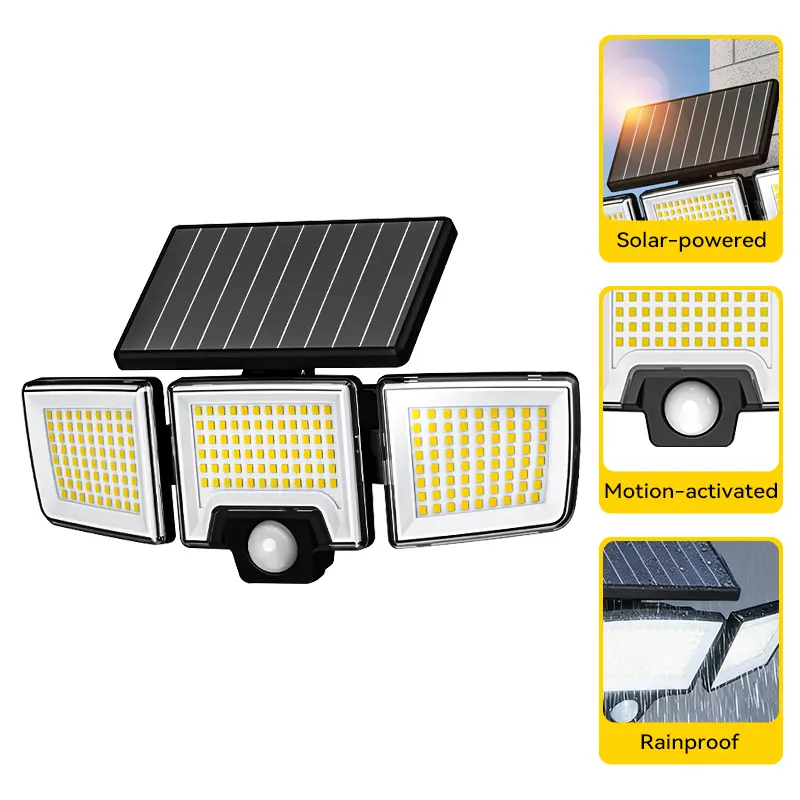 Qawtor Solar Outdoor Floodlight - Eco-Friendly 3-Head 216 LED Automatic Motion Sensor Light with Remote Control, IP65 Water Resistant Wall Mount, for Home Security, Patio Lighting, Outdoor Landscape Lights, Backyard Use