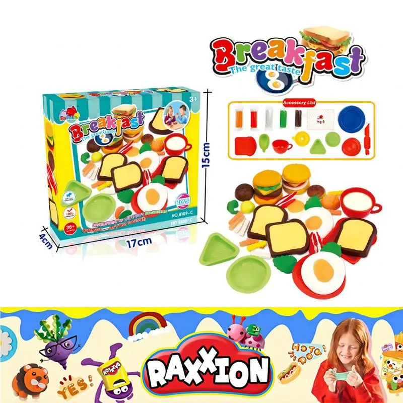 15 Pcs Playdough Breakfast Toy Set 5 Packs Of Dough Made From Flour, Water, Salt With 10 Accessories For Sandwiches And Burgers. Safer, Non-Toxic, And Better For Kids Than Traditional Clays