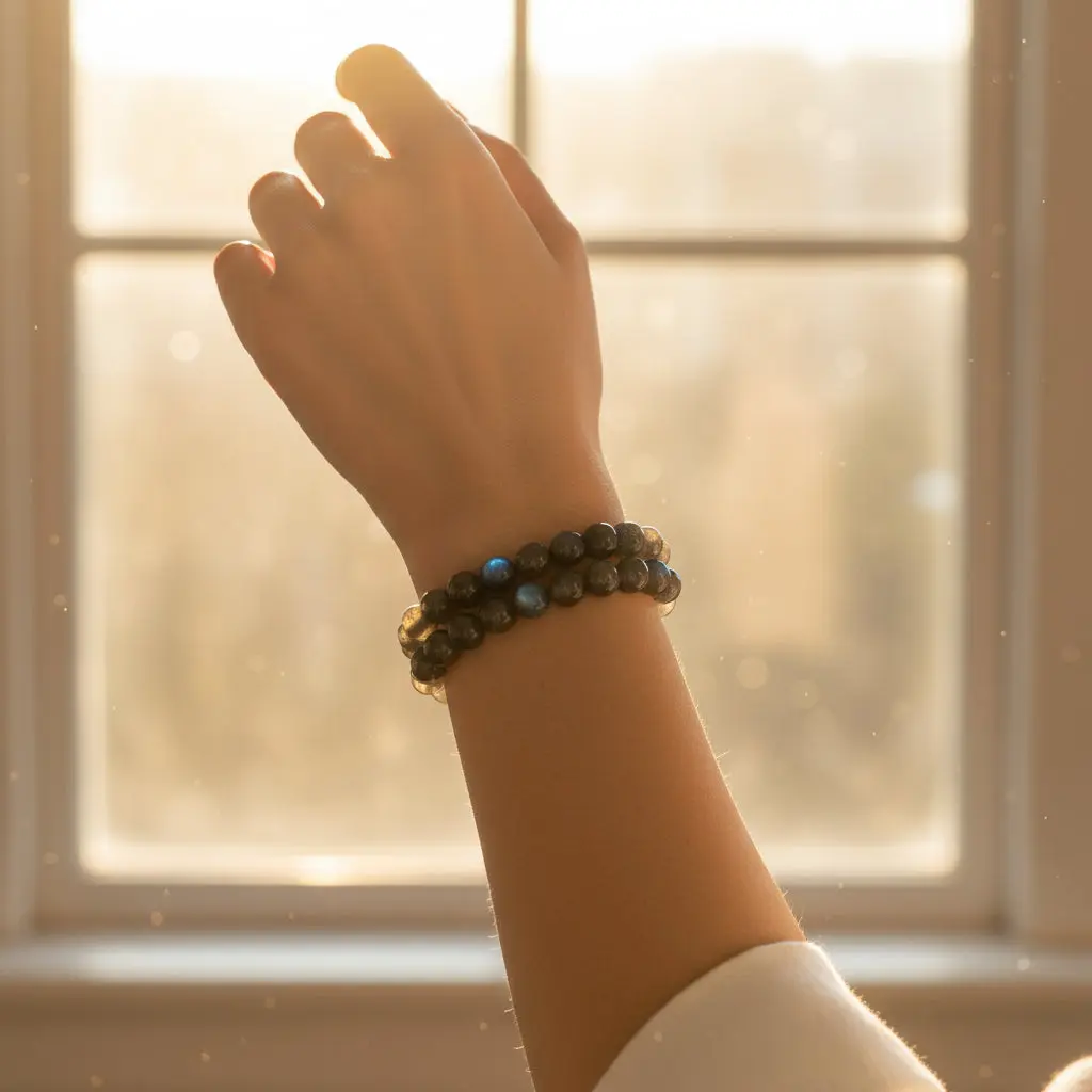 Labradorite Bracelet Beaded Gemstones with Blue Green and Gold Labradorescence for Liminal Sight Protection and Intuitive Clarity