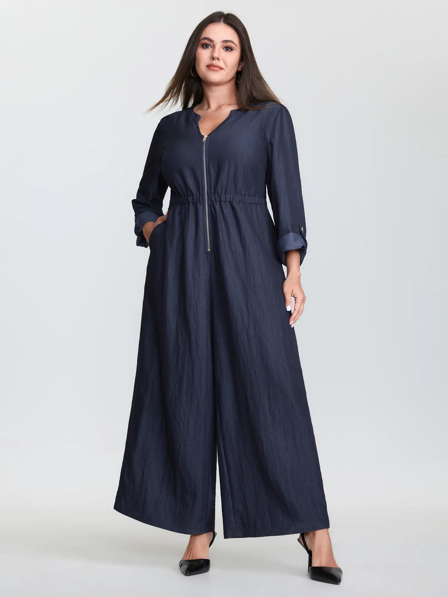 BloomChic Women's Plus Size Office Overalls, Solid Dark Blue Jumpsuit with a Zipper Front and Elbow-Length Sleeves, Overalls For Women, Pocket, Rayon, Garment, Fabric, Nylon, Plus Size Overalls