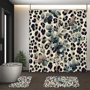 LVRLVR 4Pcs Leopard Print & Eucalyptus Leaf Print Boho Botanical Multi-Color Shower Curtain Set 70.8×70.8 Inch
