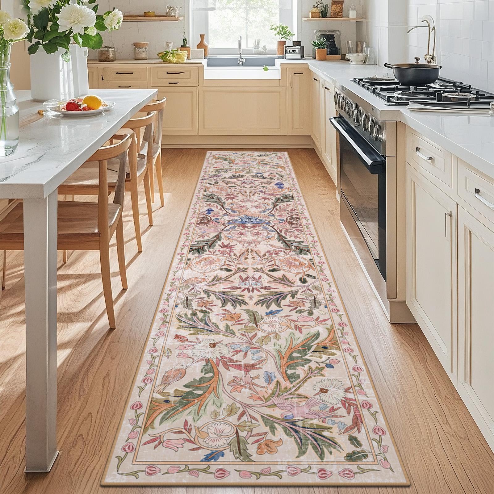 Geanup Washable Bird Rug Non Slip, Soft Boho Floral Kitchen Laundry Rug with Rubber Backing, Low Pile Runner Rug for Entryway Bedroom Living Room Bathroom