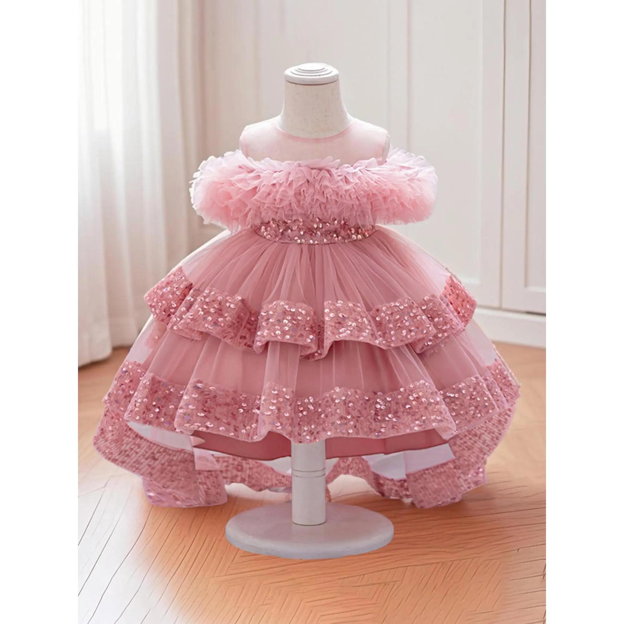 Kids Girls Tulle Ball Gown Shiny Sequins Round Neck High Low Party Dresses for Birthday Wedding Dress