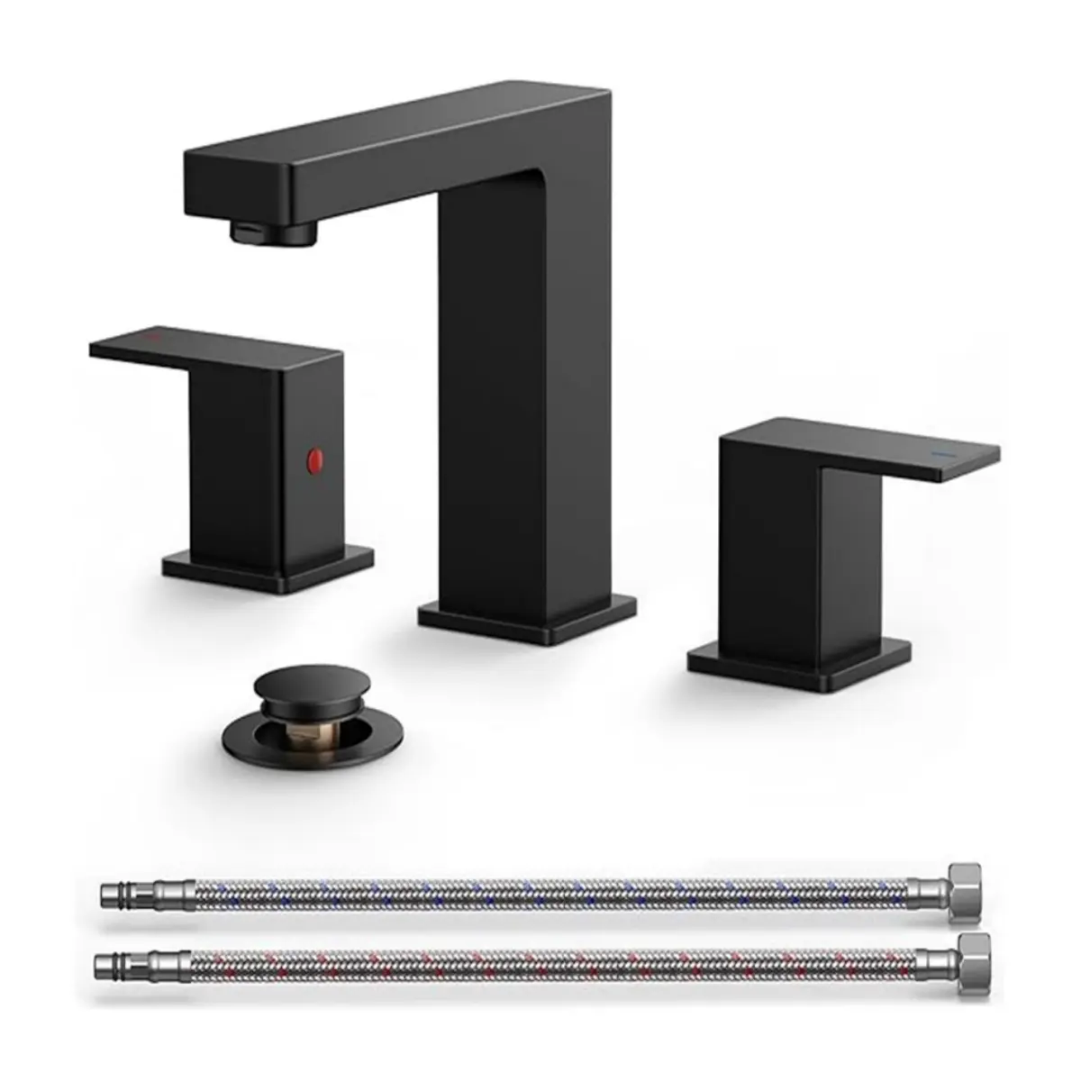 FORIOUS Modern 2-Handle 8" Matte Black 3-Hole Widespread Bath Faucet for Bathroom Sink, with Metal Drain and cUPC Certified Hose, Modern Bathroom Faucet, Widespread Bath Faucets
