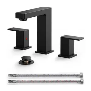 FORIOUS Bathroom Faucet with 2 Handles，8" Matte Black 3-Hole Widespread , featuring a Metal Drain and cUPC Certified Hose for Bathroom Sink.