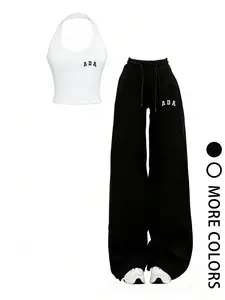 Hoodie and Flared Pants Set – Women's Minimalist Casual Streetwear for Daily Wear, Comfortable Cotton Fabric, High-Waisted & Oversized Fit, 2-Piece Outfit, Black with "ADA" Letter Embellishment