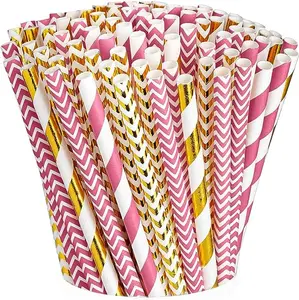 [200 Pack] Hot Pink & Gold Paper Drinking Straws 100% Biodegradable Multi-Pattern Party Straws